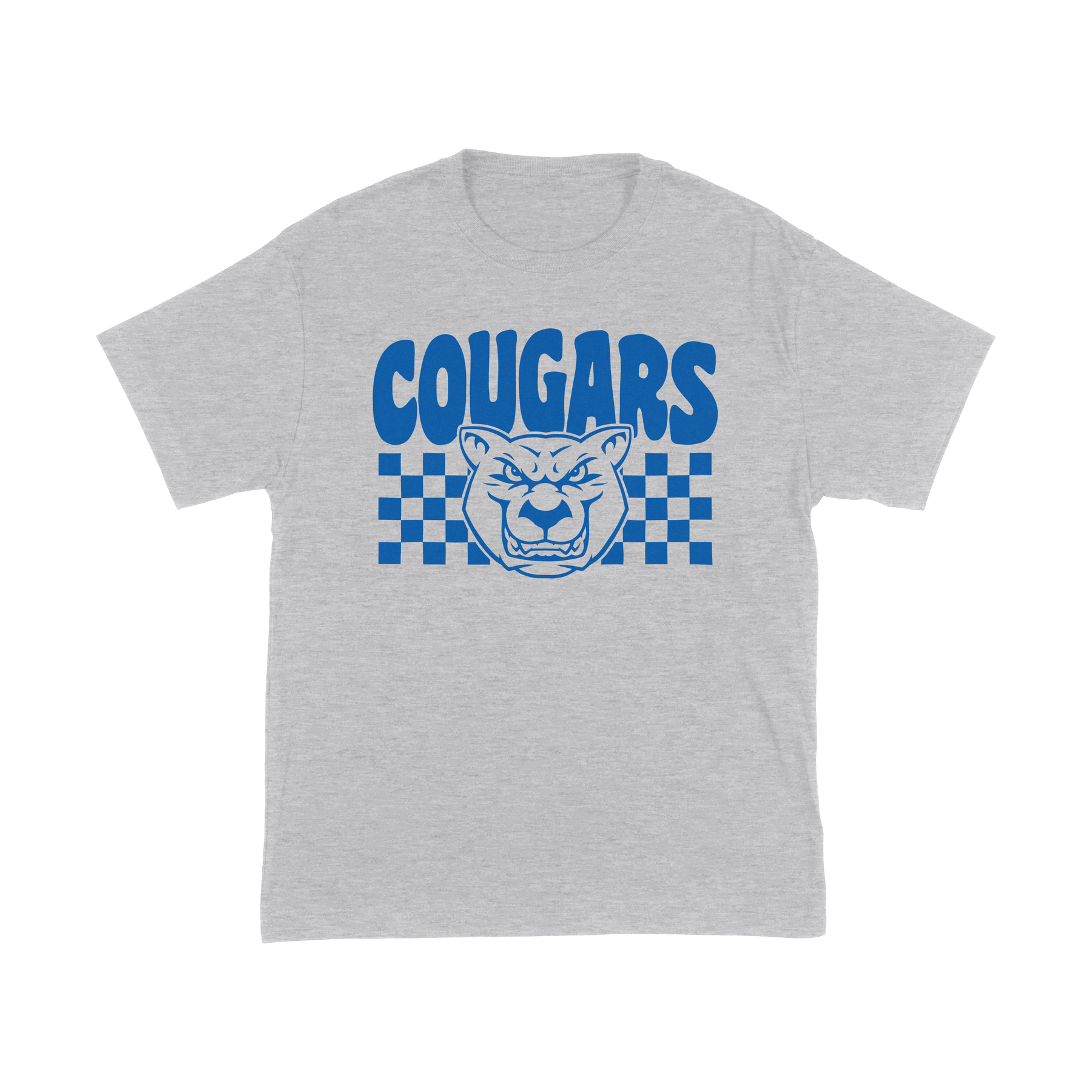 Checkerboard Spirit grey tee front — approved mockup